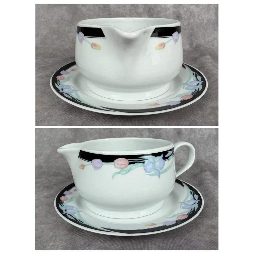 Vtg Caravel by‎ Excel Gravy Boat & Saucer Set Blk Border Pastel Iris Tulip China